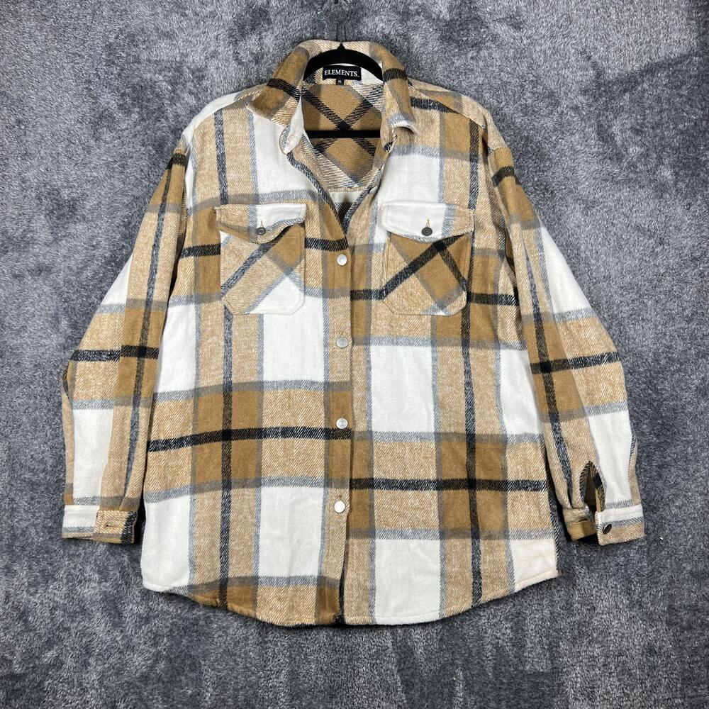 ELEMENTS Shirt Womens XL Beige Plaid Button-Up Collared Long Sleeve Flannel